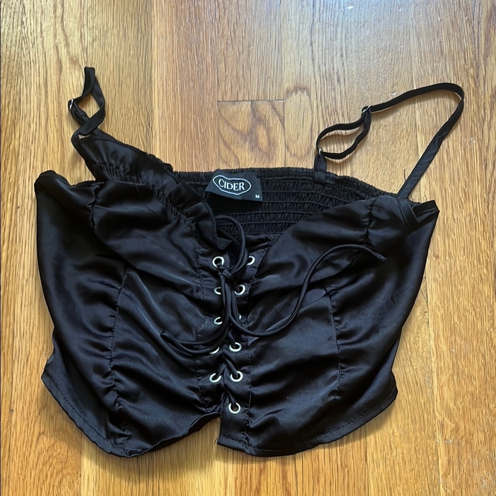 Cider Black Satin Lace-Up crop Top